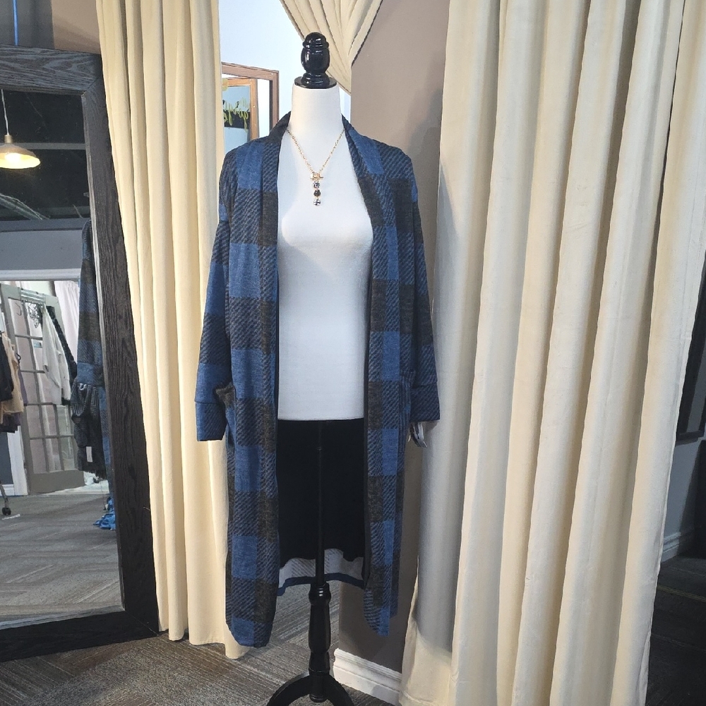 Cozy Blue and Black Checkered Cardigan